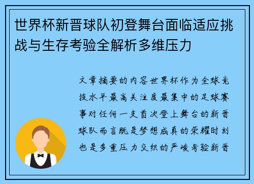 世界杯新晋球队初登舞台面临适应挑战与生存考验全解析多维压力